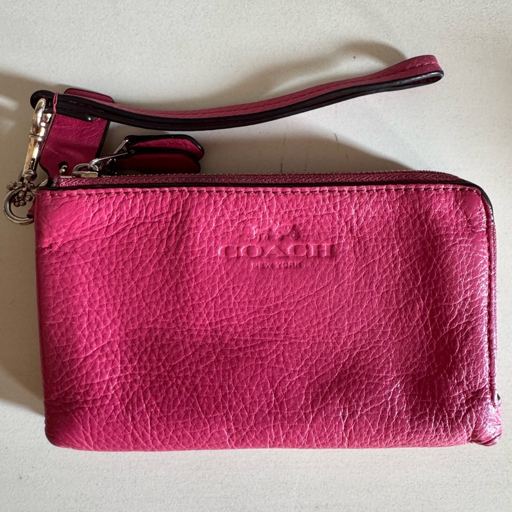 Coach Fuchsia Hot Pink Leather Double Zip Wristlet